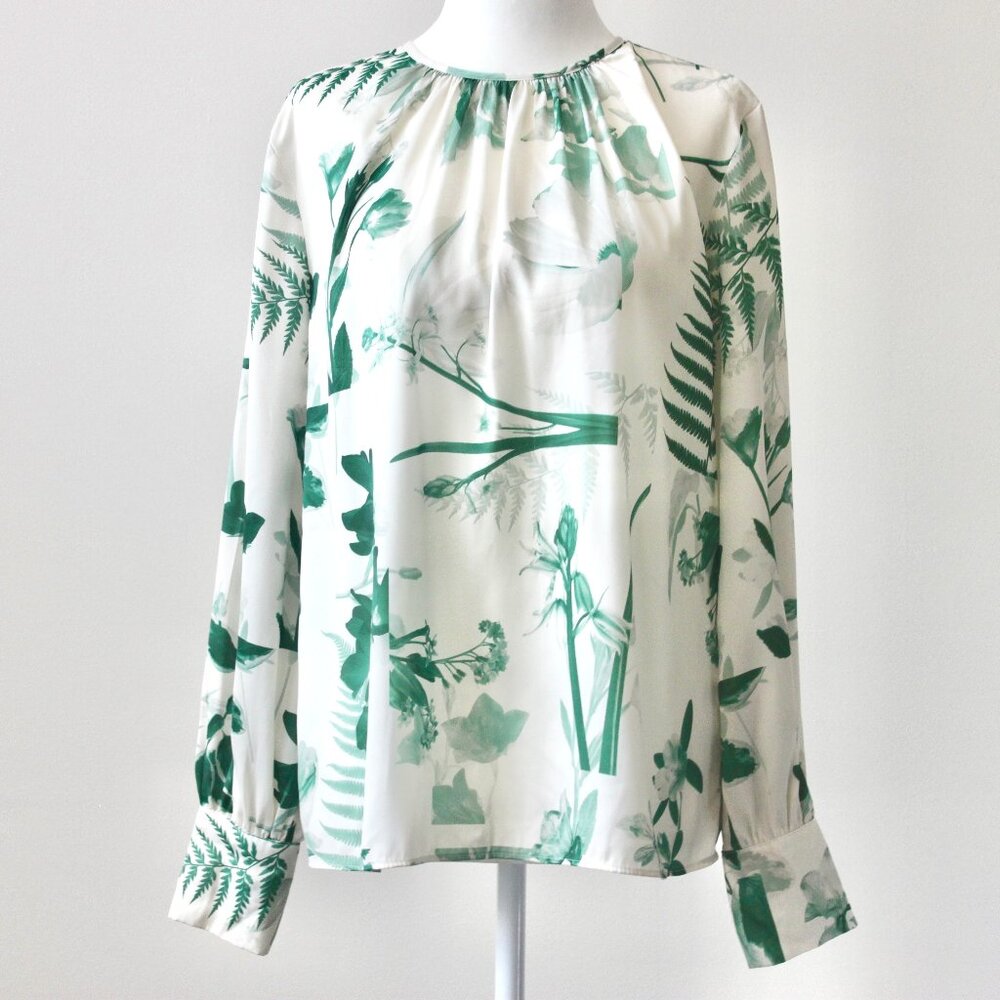 H&M Ivory Cream and Green Floral Botanical Pleated Long-Sleeve Blouse Top Small